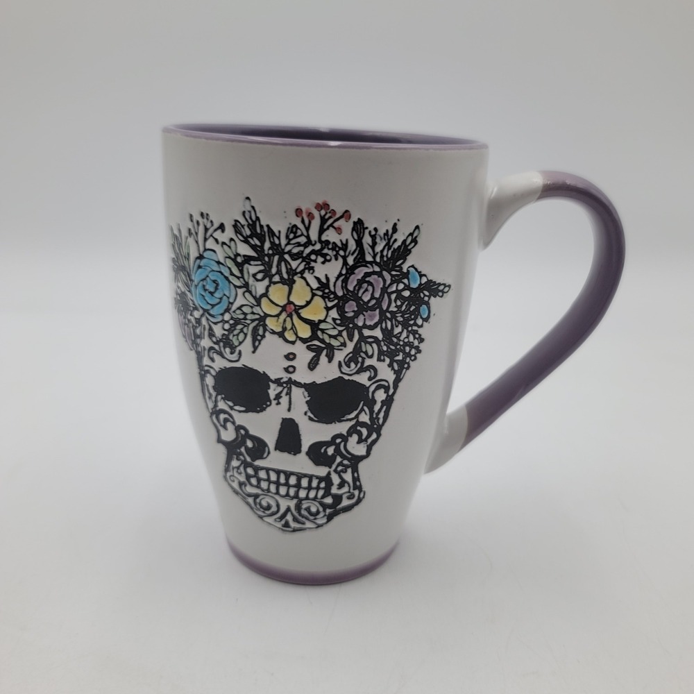 Sugar Skull Floral Crown Ceramic Latte Mug White and Purple 6 Inch